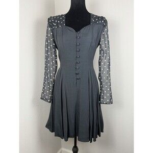 Vintage 80s Wayne Diamond Black Polka Dot Dress Sheer Sleeves Fit & Flare S/M